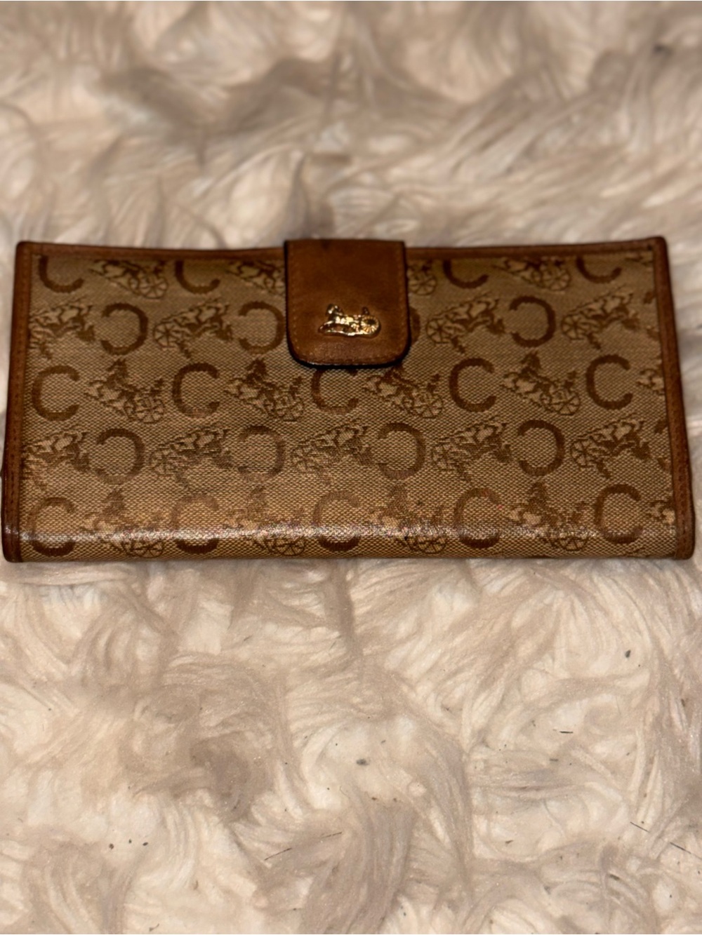 Vintage Celine C Macadam Horse Carriage Long Kiss-Lock Wallet Brown COA